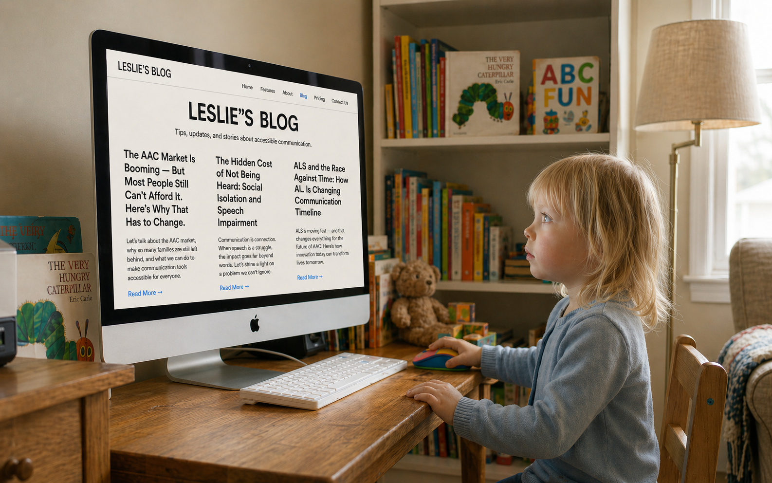 Young girl at computer reading Leslie Blog with AIS instead of AI